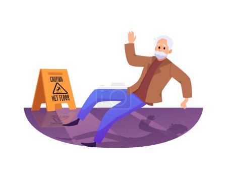 Hombre anciano resbaló en el suelo mojado estilo plano, ilustración vectorial aislado sobre fondo blanco. Signo de precaución triangular naranja, carácter descendente, elemento de diseño