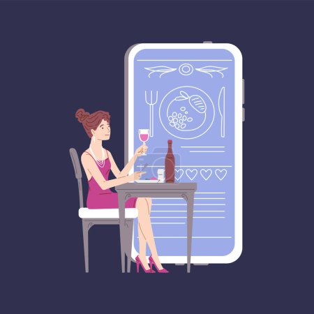 Illustration for Food critic leaves review about meal in restaurant in social networks. Restaurant food blogging and tasting, flat vector illustration isolated on background. - Royalty Free Image