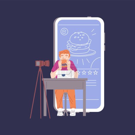 Illustration for Food critic or food blogger eats behind camera and leaves a video review on social media. Food blogging and critic, flat vector illustration isolated on background. - Royalty Free Image