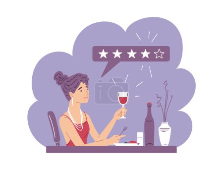 Illustration for Food blogger gives a positive rating to wine in a restaurant. Food critic leaving reviews on restaurant meals, flat vector illustration isolated on white background. - Royalty Free Image