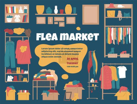 Flea market banner or poster design with cartoon used things symbols, flat vector illustration. Sale and resale of second hand clothing and interior decor.