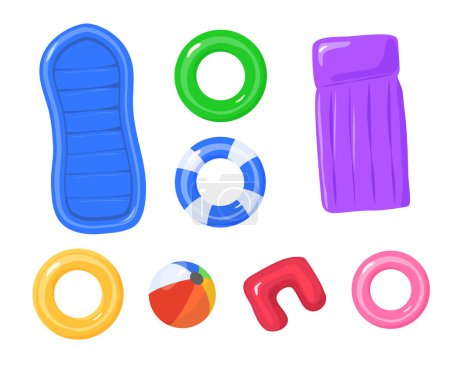 Illustration for Set of inflatable rings and rubber mattresses for swimming in colors. Swimming rubber toys for pool and sea, flat vector illustration isolated on white background. - Royalty Free Image