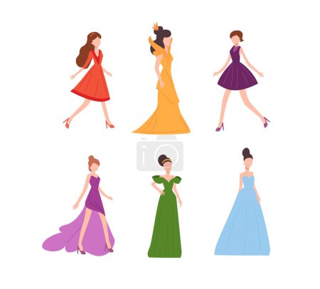 Illustration for Fashion beautiful female models walking presenting collection of clothing, flat vector illustration isolated on white background. Fashion show professional models. - Royalty Free Image