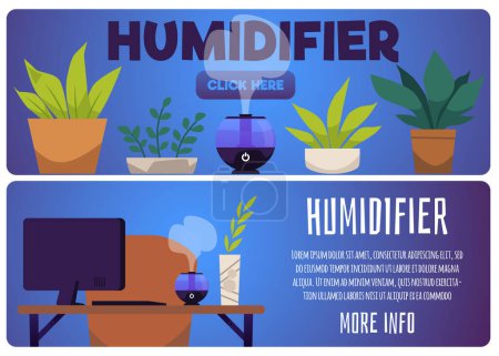 Illustration for Air humidifier web banners set, flat vector illustration. Modern device for healthy humidity level. Climate control concept. Houseplants care device. Table humidifier on work desk. - Royalty Free Image