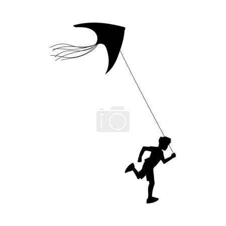 Illustration for Black silhouette of boy running and flying air kite, cartoon vector illustration isolated on white background. Summer kids games and outdoor recreation. - Royalty Free Image
