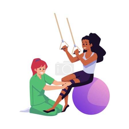 Illustration for Patient undergoing physical rehabilitation with specialist, flat vector illustration isolated on white background. Rehabilitation through physical training and therapy. - Royalty Free Image