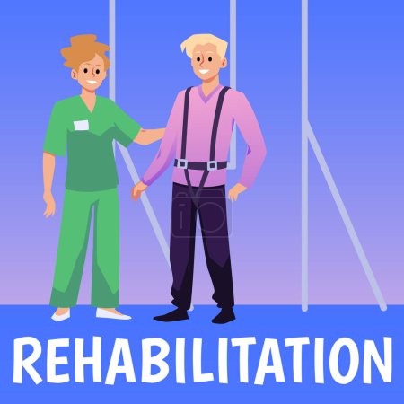 Illustration for Rehabilitation program or medical centre banner template with therapist character working with disabled patient to restore physical activity, flat vector illustration. - Royalty Free Image