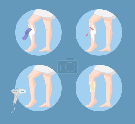 Illustration for Set of round shapes with legs and various methods of hair removal flat style, vector illustration isolated on blue background. Shaving, wax stripes, photoepilation - Royalty Free Image