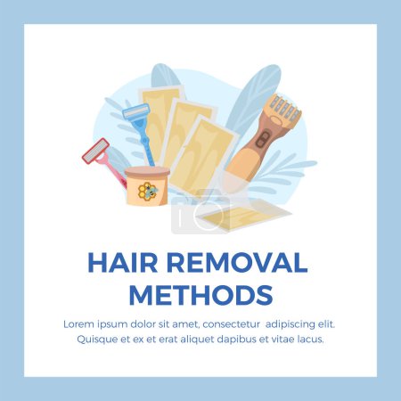 Illustration for Hair removal methods square banner or poster template, flat vector illustration. Epilation or depilation banner, hair removal products and procedures banner. - Royalty Free Image