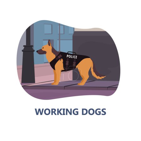 Illustration for Working dogs serving and assisting people, banner or badge template flat vector illustration isolated on white background. Police trained dogs used for work. - Royalty Free Image