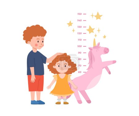 Ilustración de Los niños que miden la altura de la niña con unicornio medidor de pared de estilo plano, ilustración vectorial aislado sobre fondo blanco. Sonriendo a los niños, elemento de diseño decorativo - Imagen libre de derechos