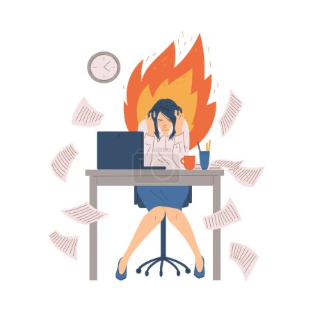 Femme assise sur le lieu de travail tenant la tête à plat, illustration vectorielle isolée sur fond blanc. Feu et papiers éparpillés, épuisement et surcharge, caractère émotionnel fatigué
