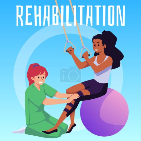 Illustration for Squared banner about rehabilitation, woman sitting on big ball, doctor flat style, vector illustration. Decorative design, knee injury, recovery, medicine and treatment - Royalty Free Image