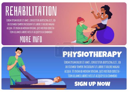 Illustration for Set of website banner templates about rehabilitation people flat style, vector illustration isolated on white background. Physiotherapy, medicine and treatment, doctors and patients - Royalty Free Image