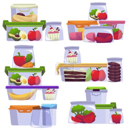 Plastikbehälter mit Essensresten zum Einfrieren und Mitnehmen, flache Cartoon-Vektor-Illustration auf weißem Hintergrund. Lagerung und Verpackung von Lebensmitteln.
