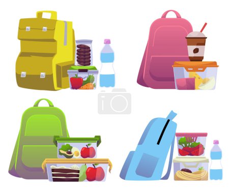 Plastikbehälter mit verpackten Lebensmitteln und Tüten für das Mittagessen, flache Zeichentrick-Vektor-Illustration auf weißem Hintergrund. Lebensmittelverpackungen für Mittagessen oder Snacks.