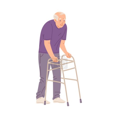 Illustration for Elderly man going with walker flat style, vector illustration isolated on white background. Tool for moving, help and assistance, medicine and health, decorative design element - Royalty Free Image