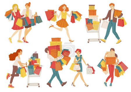 Charaktersatz von Menschen, die mehrere Einkäufe tätigen, flache Vektordarstellung isoliert auf weißem Hintergrund. Shopaholics können nicht aufhören, spontan einzukaufen.
