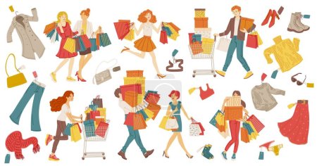 Illustration for Set of characters and items for topic of big sales season or shopaholism. Shopaholism or shopping addiction, flat vector illustration isolated on white background. - Royalty Free Image
