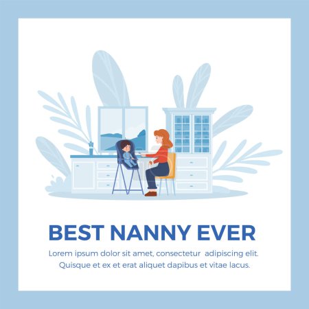 Illustration for Best nanny banner or card template with woman feeding a child, flat cartoon vector illustration isolated on white background. Nanny or babysitter care and services. - Royalty Free Image