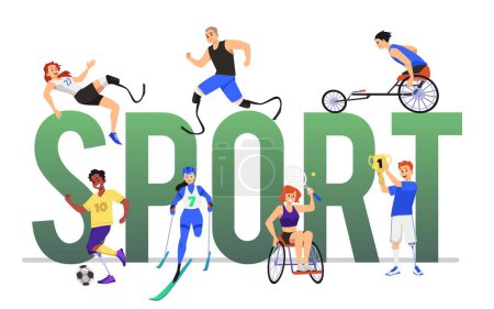Disabled sports banner or poster design template with handicapped athletes characters and header, flat vector illustration isolated on white background.