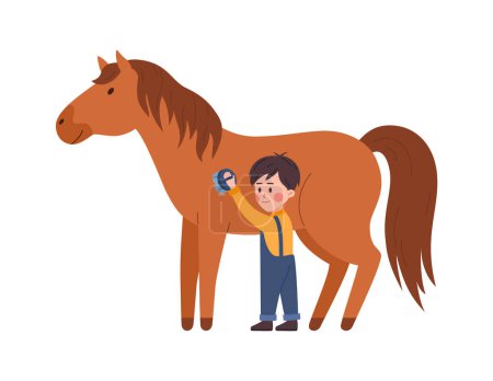 Illustration for Child takes care of horse and combs its coat, flat vector illustration isolated on white background. Equestrianism or horse riding and children love and care for animals. - Royalty Free Image
