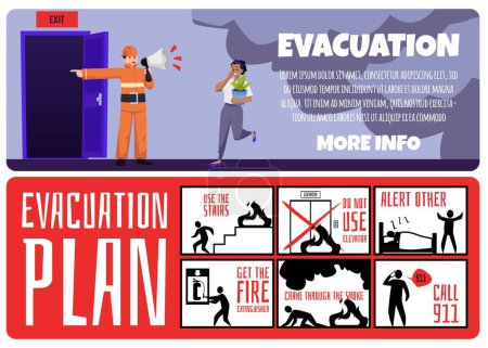 Poster infographique d'évacuation incendie, illustration vectorielle plate. Évacuation d'urgence et sauvetage dans une situation extrême affiche explicative et plan d'action.