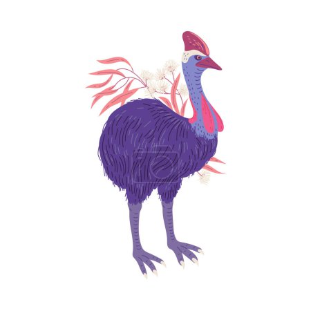 Téléchargez les illustrations : Emu australien ou oiseau d'autruche pleine longueur dans un style décoratif créatif pour la conception de mascotte ou d'autocollant, illustration vectorielle plate isolée sur fond blanc. - en licence libre de droit