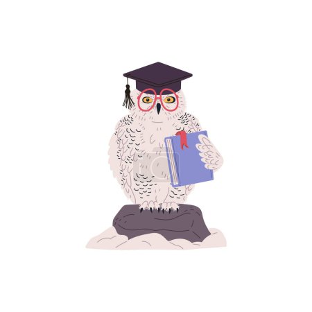 Illustration for Owl in glasses and graduation cap holding book and sitting on stone flat style, vector illustration isolated on white background. Wisdom, design element, forest bird - Royalty Free Image