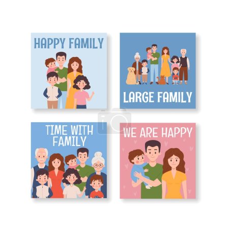 Illustration for Big and happy families, set of posters - flat vector illustration. Portraits of large families with grandparents, kids and pets. Parents, siblings and grandparents on family portraits. - Royalty Free Image