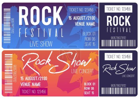 Illustration for Template for ticket on live concert, rock festival, show. Party stars or festival ticket design template with Rock band in background. Entry card, event for Musician pop, country, rock star or hiphop - Royalty Free Image
