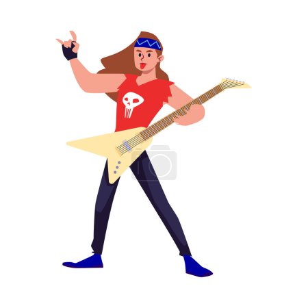 Illustration for Rock band artist in a red shirt with a skull with long hair playing guitar on stage. Singer pop, country, rock star or hiphop rapper vocalist. Vector Illustration in flat design cartoon style for - Royalty Free Image