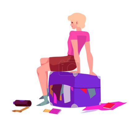 Téléchargez les illustrations : Illustration vectorielle isolée d'une belle femme blonde assise sur une valise bleue, essayant de faire ses valises. Bagages fermés, mais les choses tombent et se dispersent autour de choses. Concept pour voyager dans le temps à plat - en licence libre de droit