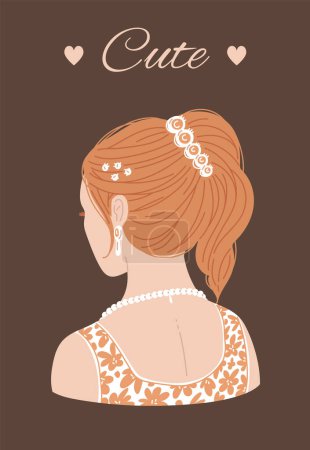 Ilustración de Ilustración vectorial de lindo peinado de una chica, mujer con el pelo rubio naranja tirado hacia arriba y atado a la horquilla con joyas. Cuello abierto y hombros, vista posterior, sobre fondo marrón con título y - Imagen libre de derechos