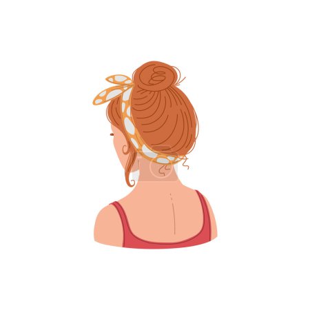 Ilustración de Vector aislado Ilustración de peinado bonito de una chica, mujer con el pelo naranja tirado hacia arriba y atado en la cintura. Cuello y hombros abiertos, vista trasera. Peinado femenino, concepto de salón de belleza - Imagen libre de derechos