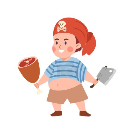 Illustration for Funny little pirate child with meat bone and big knife, cartoon flat vector illustration isolated on white background. Cute boy in pirate costume with headband or bandana. Kids birthday party. - Royalty Free Image