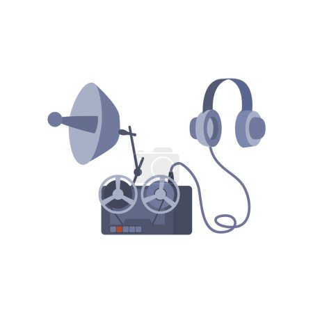 Illustration for Vector isolated illustration of listening device on white background. Flat echo sounder, headphones and tape recorder. Detective espionage outfit set. - Royalty Free Image