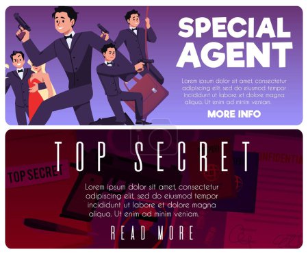 Banner der Special Secret Agent Services, flache Vektorillustration. Banner mit Persönlichkeiten von Spionen oder Geheimagenten von Spezialeinheiten.