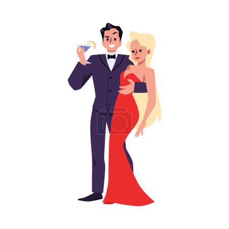 Illustration for Tall elegant man in suit with glass hugging a sexy blonde woman in red dress. Cartoon vector isolated illustration on white background. Team of secret agents. Posing on camera - Royalty Free Image
