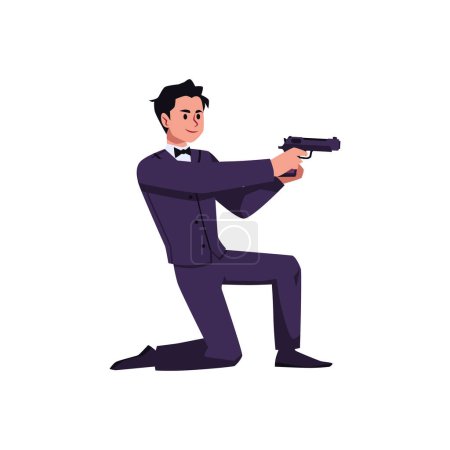 Illustration for Special secret agent shooting with pistol, flat vector illustration isolated on white background. Special agent male character on spy top secret mission. - Royalty Free Image