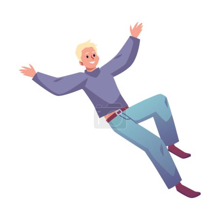 Illustration for Vector illustration of happy energetic man flying, floating in air. Free flight of carefree employee in fantasies, dreams, imagination. Inspiration, happiness concept isolated on white background - Royalty Free Image