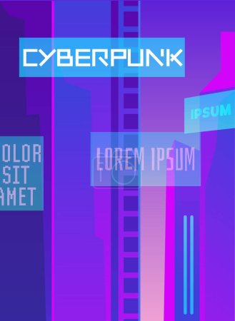 Cartel de estilo cyberpunk con espacio para texto, fondo de neón, ilustración vectorial plana. Realidad aumentada futurista. Tecnologías cibernéticas y metáforas.
