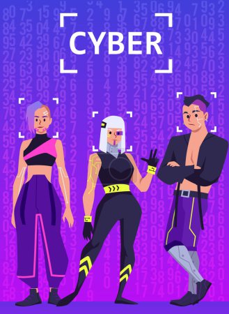 Illustration for People with futuristic implants in cyberspace, poster with text, flat vector illustration. Neon matrix background. Concepts of augmentation and cybernetic technologies. - Royalty Free Image
