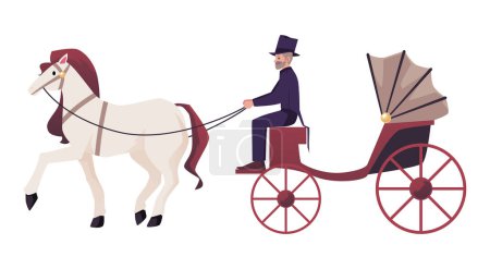 Ilustración de Cochero mostacho en carruaje con caballo de estilo plano, ilustración vectorial aislado sobre fondo blanco. Hombre victoriano en cilindro, transporte, elemento de diseño decorativo - Imagen libre de derechos