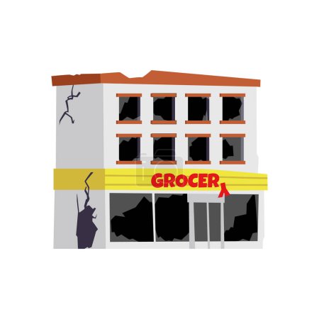 Illustration for Vector isolated illustration of destroyed grocery on white background. Vandalism, consequences of hurricanes or war, abandoned city buildings. Consequences of an earthquake or apocalypse concept. - Royalty Free Image