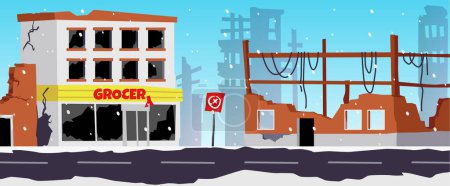 Illustration for Vector illustration of destroyed grocery, city destroy in war zone, abandoned buildings. Winter is snowing, cold. Destruction, post-apocalyptic broken ruined road. Consequences of hurricanes or war - Royalty Free Image