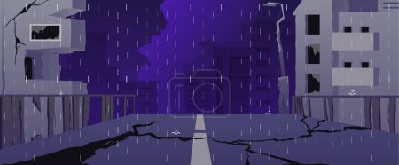 Illustration for Vector raining in the night ruined city illustration, broken road and buildings, ruins everywhere. Destruction, post-apocalyptic city landscape. Apocalypse, consequences of hurricanes or war concept - Royalty Free Image