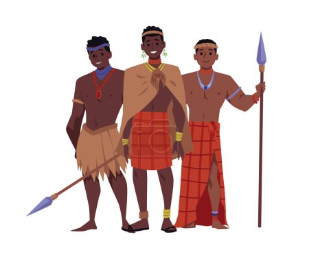 Starke dunkelhäutige Stammesmänner mit Speeren. Bunte Vektorillustration afrikanischer Ureinwohner, Gruppe von Kriegern und Jägern. Zeichentrickfigur in traditioneller ethnischer Stammeskleidung isoliert auf weiß
