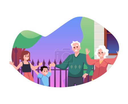 Illustration for Visit of grandchildren to grandparents. Meeting of parents with children at home courtyard. Grandson runs to hug grandmother. Cartoon vector illustration in flat style isolated on white background - Royalty Free Image