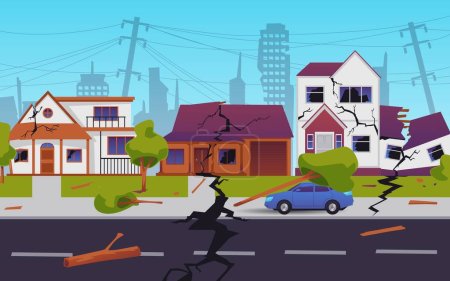 Scene with city after earthquake flat style, vector illustration. Broken buildings, cracks on asphalt and houses, fallen trees. Natural disaster, damage, destroyed city